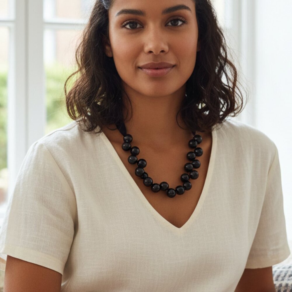 J Crew Black Beaded Necklace 20 Inch Ribbon Chain Sensitive Skin Friendly